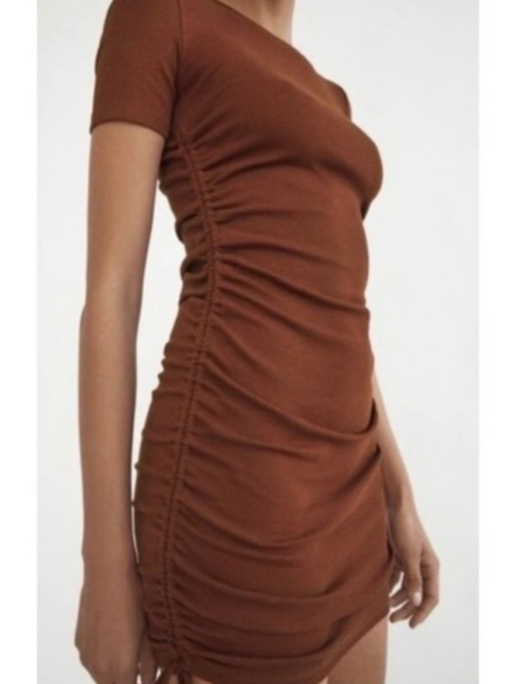 Zara Brown Ruched Short Sleeve Bodycon Dress